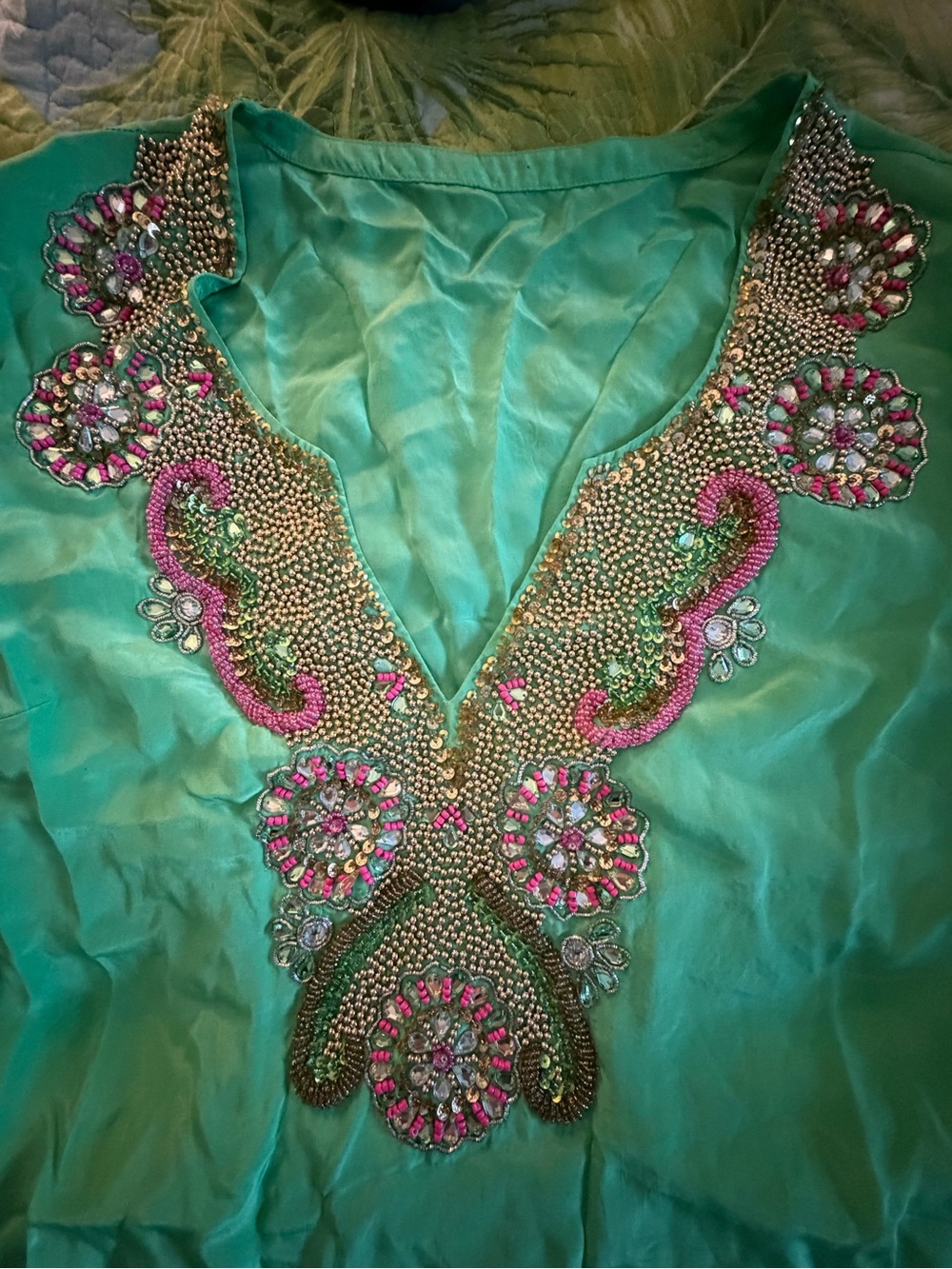 Boston Proper Green Silky Beaded Tunic